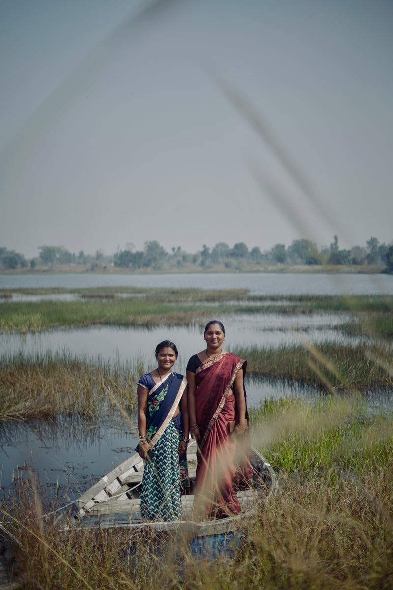 Seema Madavi and Kiran Naitam, members of the Prerna Mahila Gram Sangh that won the lease to Mama Talao in Chandrapur, Maharashtra.
