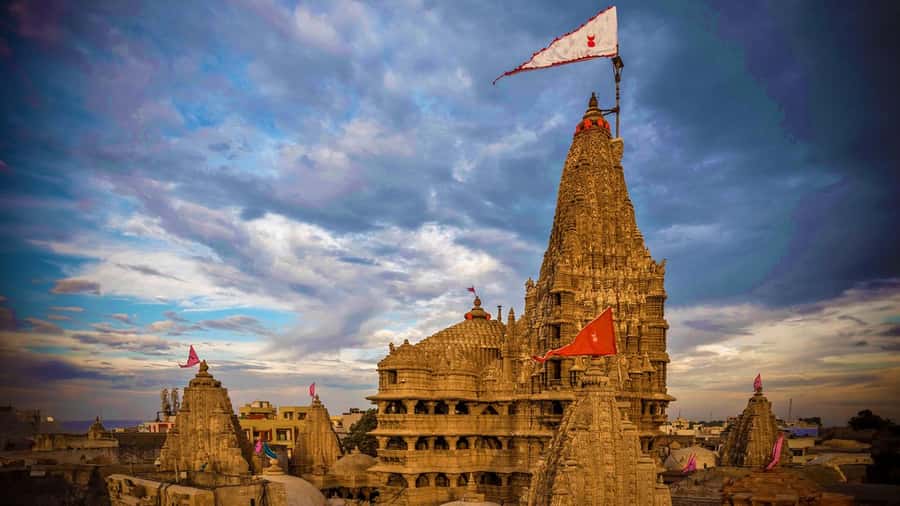 The carved spire of Dwarkadhish Temple, Gujarat