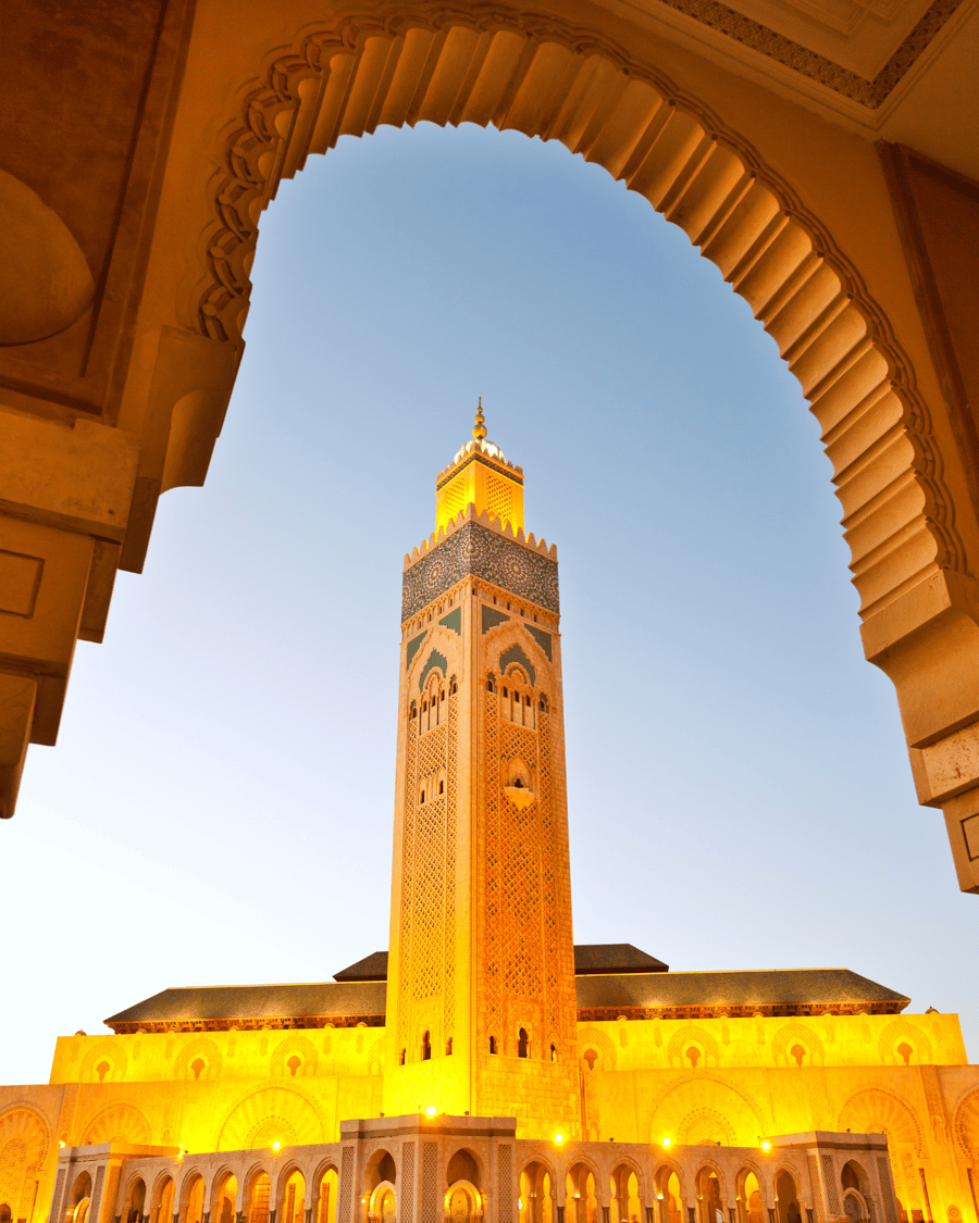 The Hassan II Mosque framed by a Moorish arch, Morocco